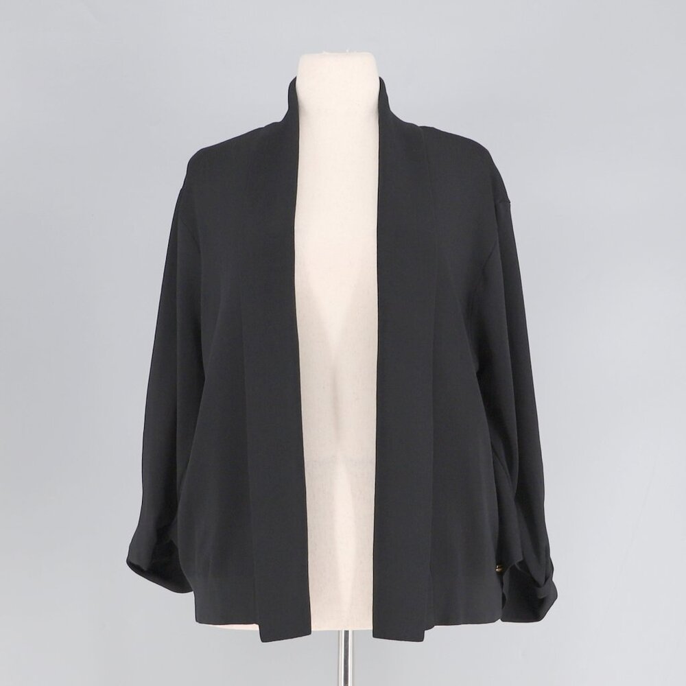 DONNA KARAN Black Ribbed Knit Open Front Cardigan Size XL